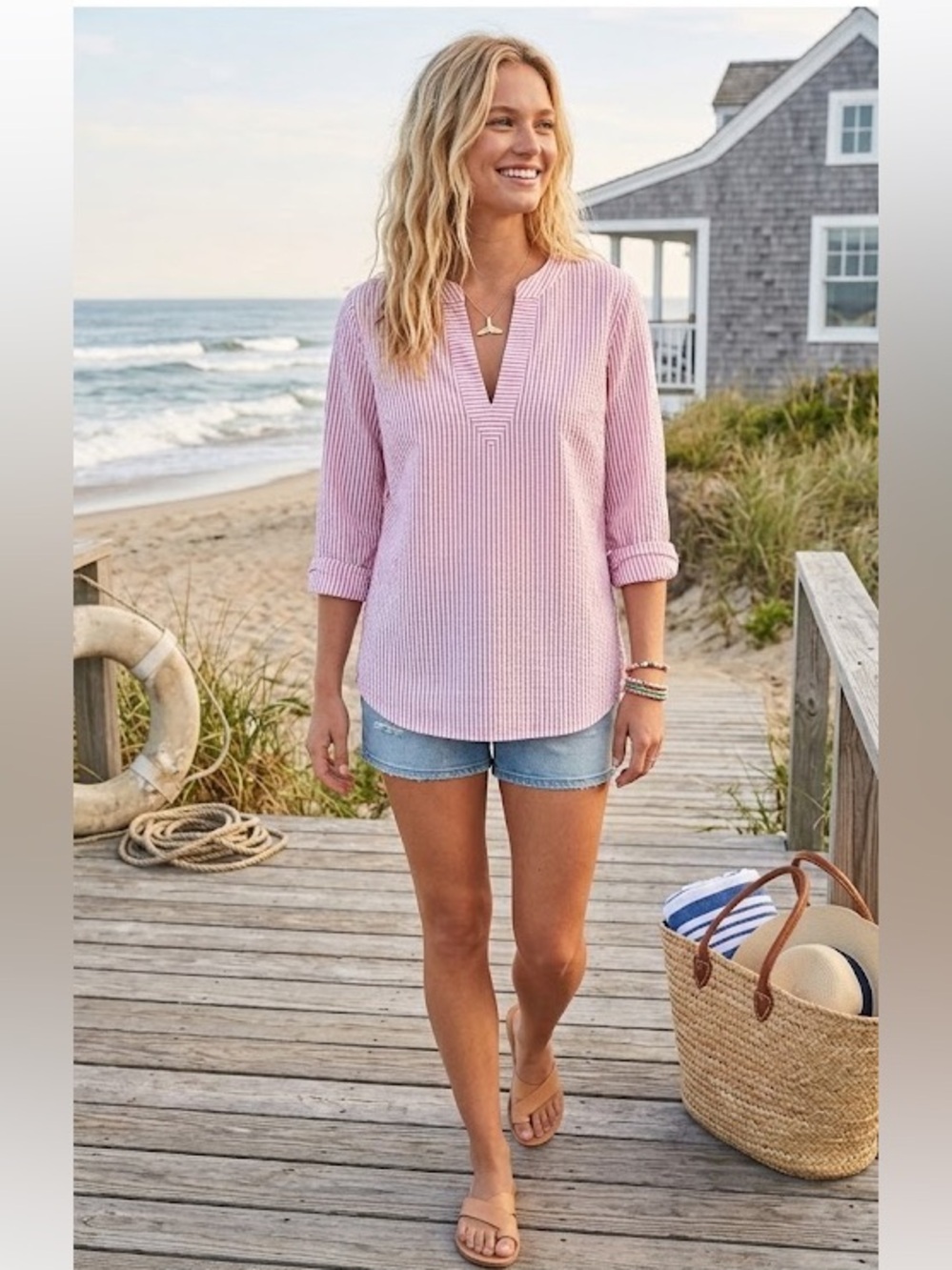 Stunning Vineyard Vines Pink and White Striped Top Pink Savannah Popover Size XS